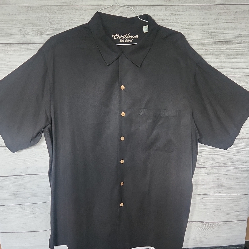 Caribbean Black Casual Button Down Shirt Short Sleeve